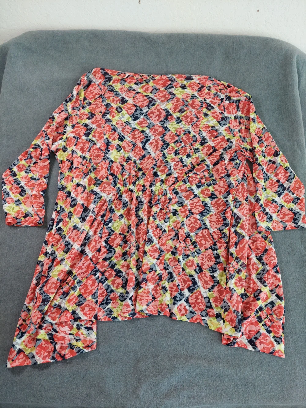 Ruby Rd. Woman 1X Geometric Abstract Open Front Cardigan Coral Blue 3/4 Sleeve - Picture 6 of 9